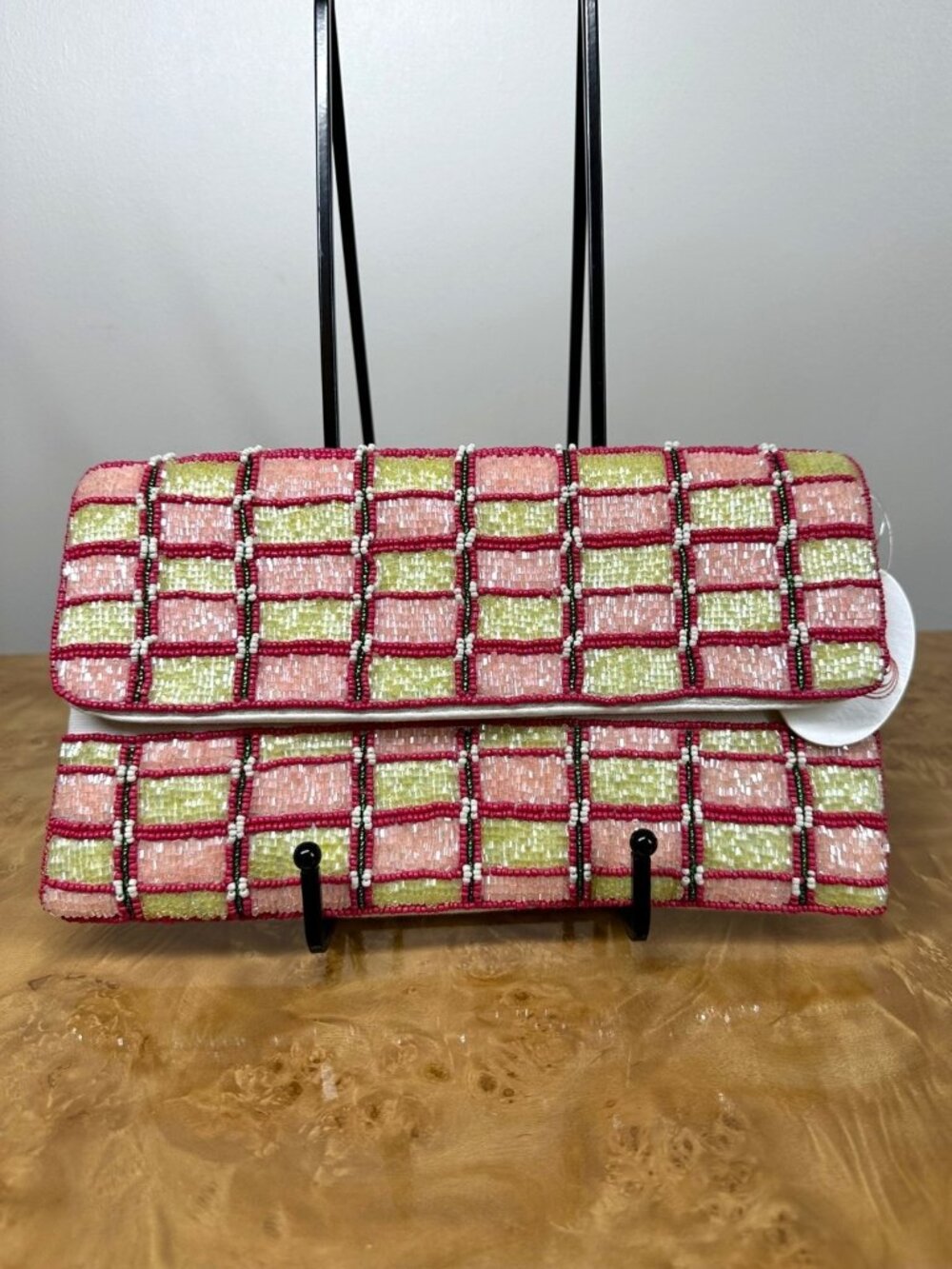 NWT/New LCD La Chic Designs Beaded Plaid Clutch Crossbody Bag Pink Green